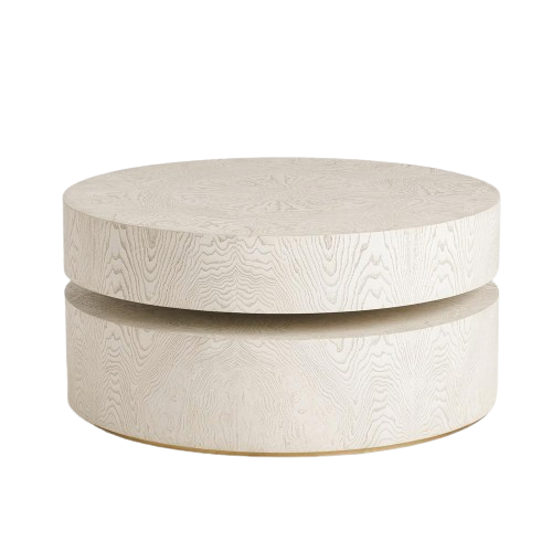 White Pivot Round Coffee Table Satin Brass Plinth Base 36 inch