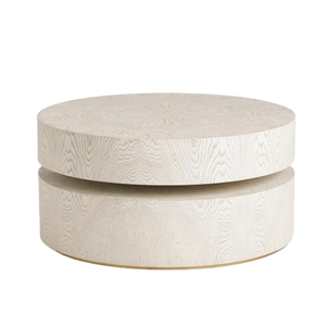 White Pivot Round Coffee Table Satin Brass Plinth Base 36 inch