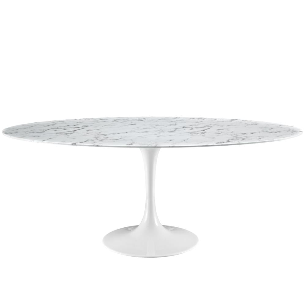 White Tulip Pedestal Base Faux Marble Top Oval Dining Table 78 inch