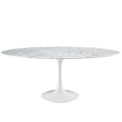 White Tulip Pedestal Base Faux Marble Top Oval Dining Table 78 inch