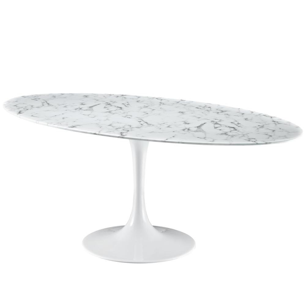 White Tulip Pedestal Base Faux Marble Top Oval Dining Table 78 inch