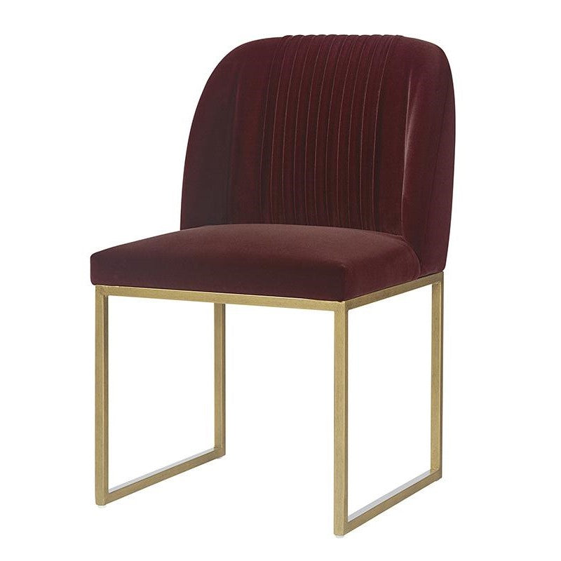 Wine Red Velvet Pleated Back Dining Chair Antique Brass Sled Base (Set of 2)