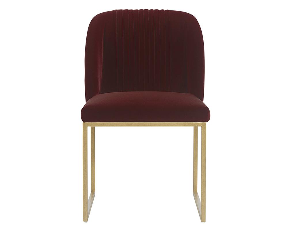 Wine Red Velvet Pleated Back Dining Chair Antique Brass Sled Base (Set of 2)