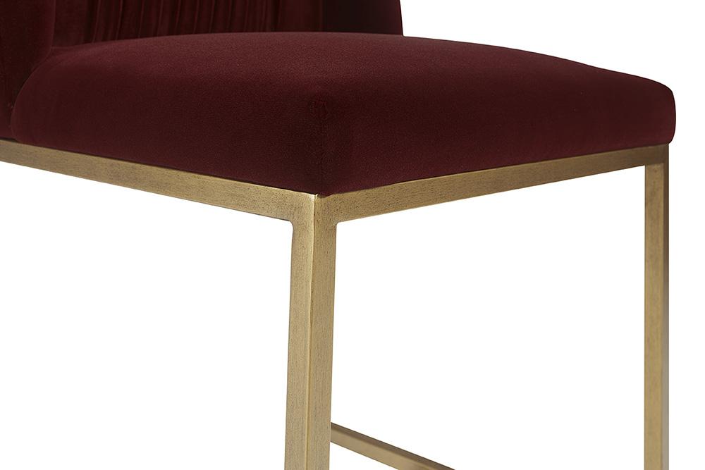 Wine Red Velvet Pleated Back Dining Chair Antique Brass Sled Base (Set of 2)