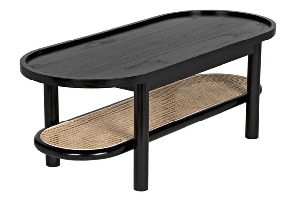 Wood and Cane Oval Coffee Table Black Charcoal Finish 47 inch