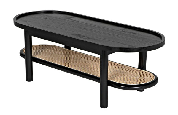 Wood and Cane Oval Coffee Table Black Charcoal Finish 47 inch