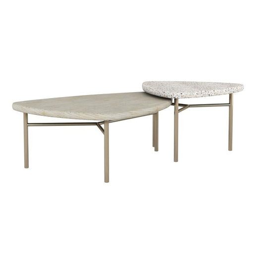 Wood & Terrazzo Stone Nesting Coffee Table Set Bronze Metal Base (Set of 2)