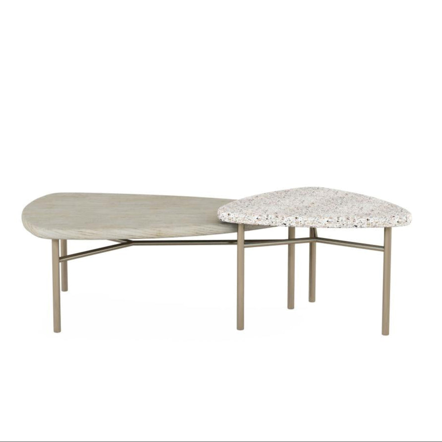 Wood & Terrazzo Stone Nesting Coffee Table Set Bronze Metal Base (Set of 2)