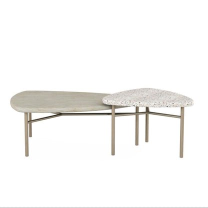 Wood & Terrazzo Stone Nesting Coffee Table Set Bronze Metal Base (Set of 2)