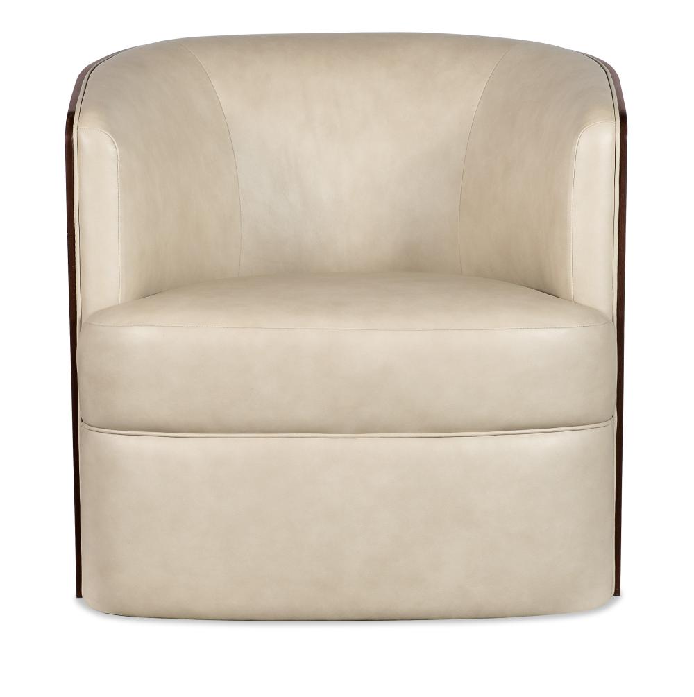 Wood Wrapped & Reeded Barrel Back Beige Leather Swivel Chair