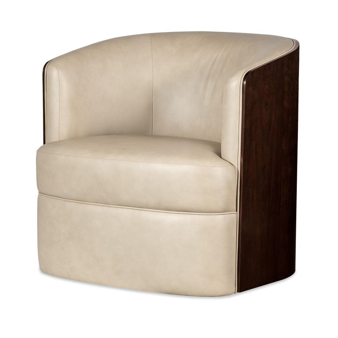 Wood Wrapped & Reeded Barrel Back Beige Leather Swivel Chair