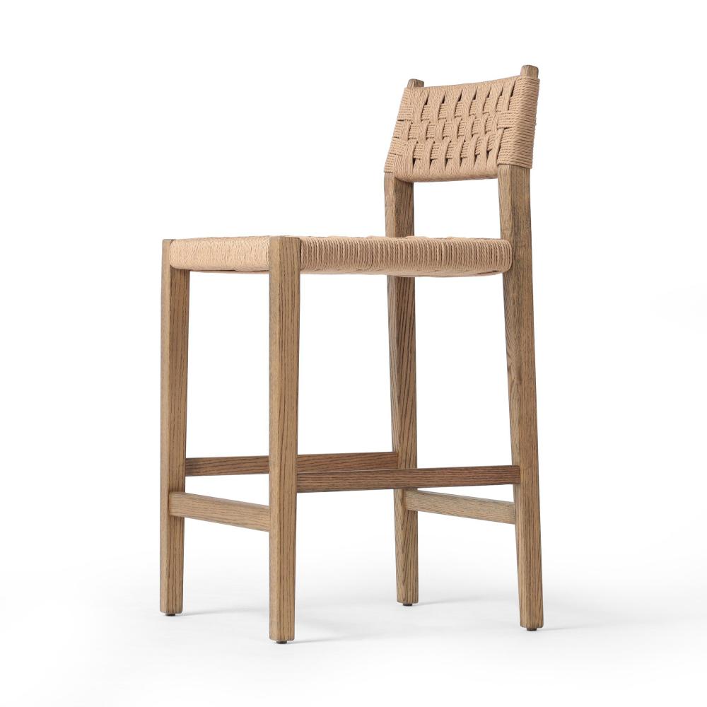 Woven Cord Rush Back Armless Counter Stool Solid Oak Wood