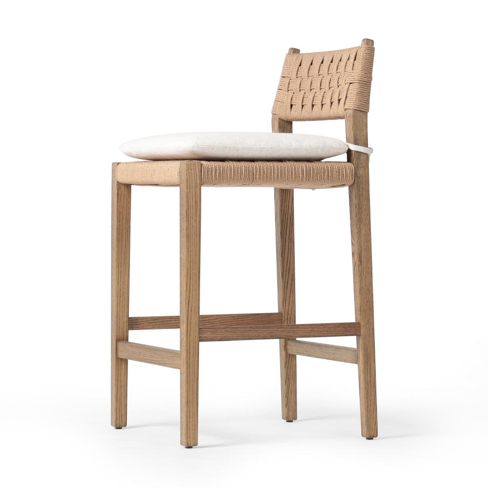 Woven Cord Rush Back Armless Counter Stool with Cushion Solid Oak Wood