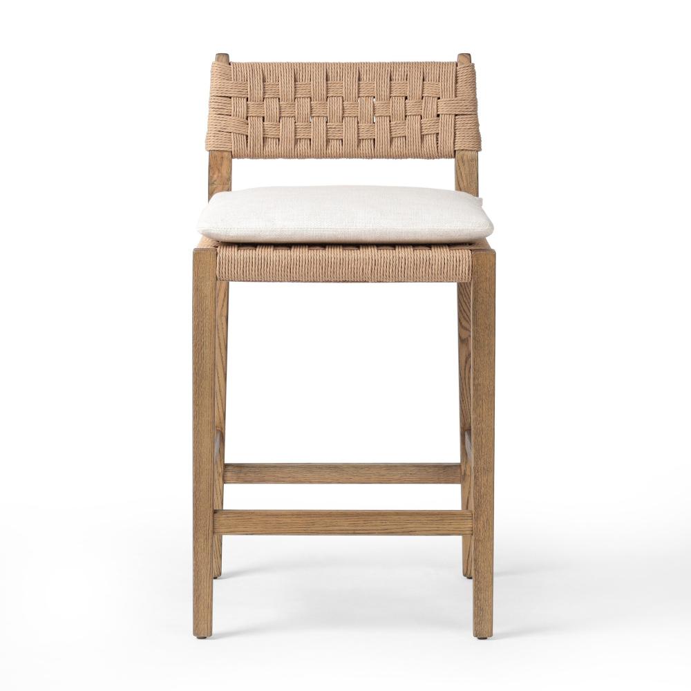 Woven Cord Rush Back Armless Counter Stool with Cushion Solid Oak Wood