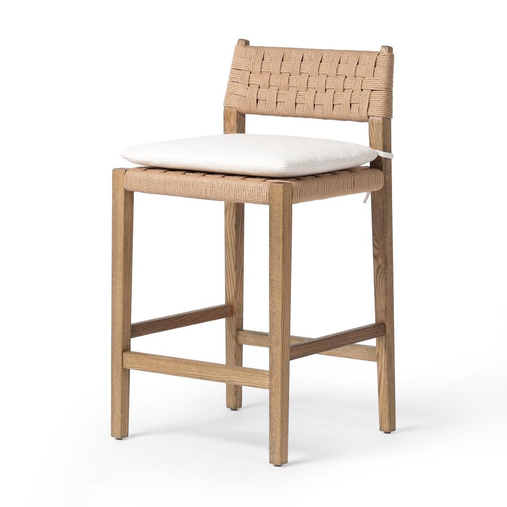 Woven Cord Rush Back Armless Counter Stool with Cushion Solid Oak Wood