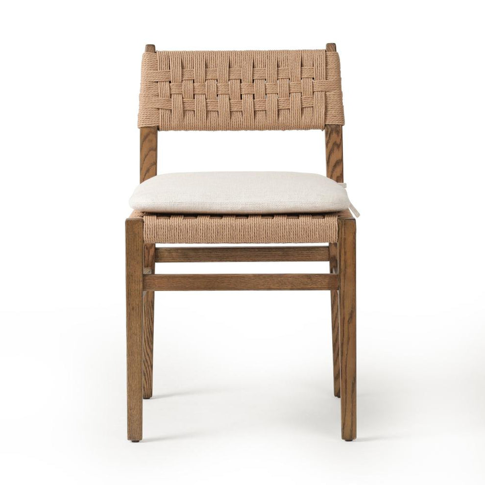 Woven Cord Rush Back Armless Dining Chair with Cushion Solid Oak Wood ...
