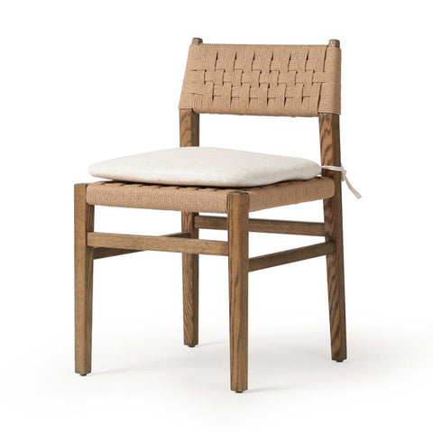 Woven Cord Rush Back Armless Dining Chair with Cushion Solid Oak Wood