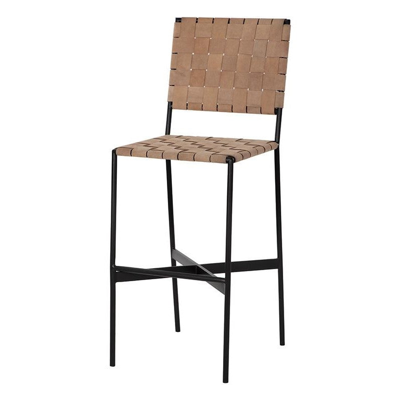 Woven Suede Tan Leather Strap & Black Metal Frame Bar Stool