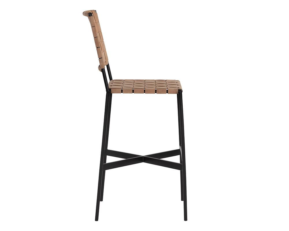 Woven Suede Tan Leather Strap & Black Metal Frame Bar Stool