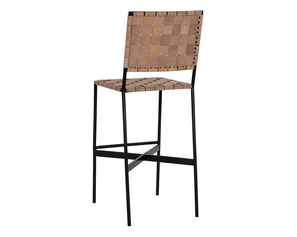 Woven Suede Tan Leather Strap & Black Metal Frame Bar Stool