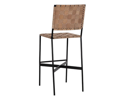 Woven Suede Tan Leather Strap & Black Metal Frame Bar Stool