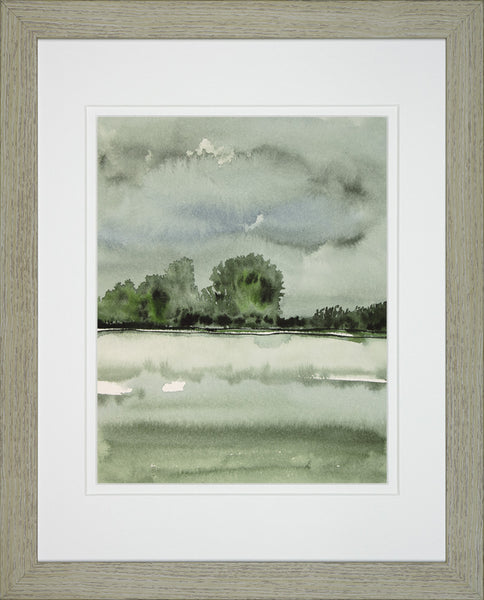 Stormy Meadow Abstract Landscape Moss Greens - Framed Watercolor Art Print