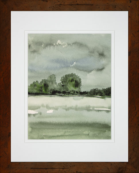 Stormy Meadow Abstract Landscape Moss Greens - Framed Watercolor Art Print