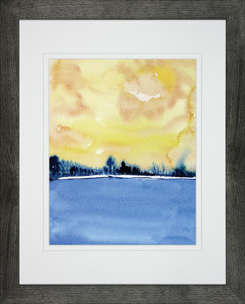 Sunset Lake Abstract Landscape Blue & Yellow - Framed Watercolor Art Print