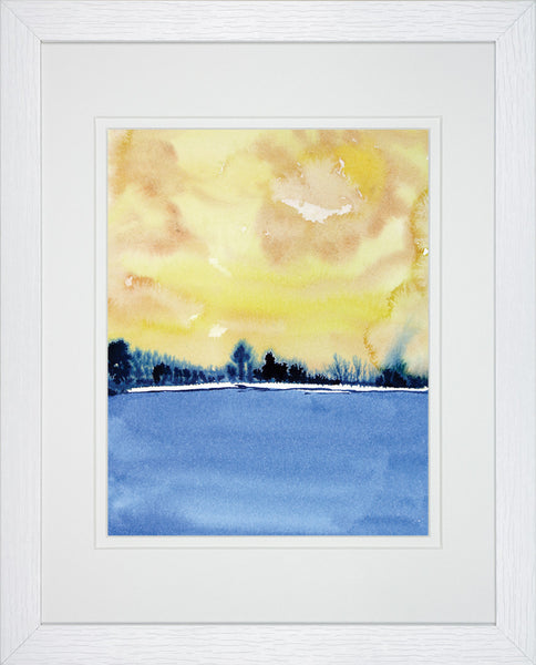 Sunset Lake Abstract Landscape Blue & Yellow - Framed Watercolor Art Print