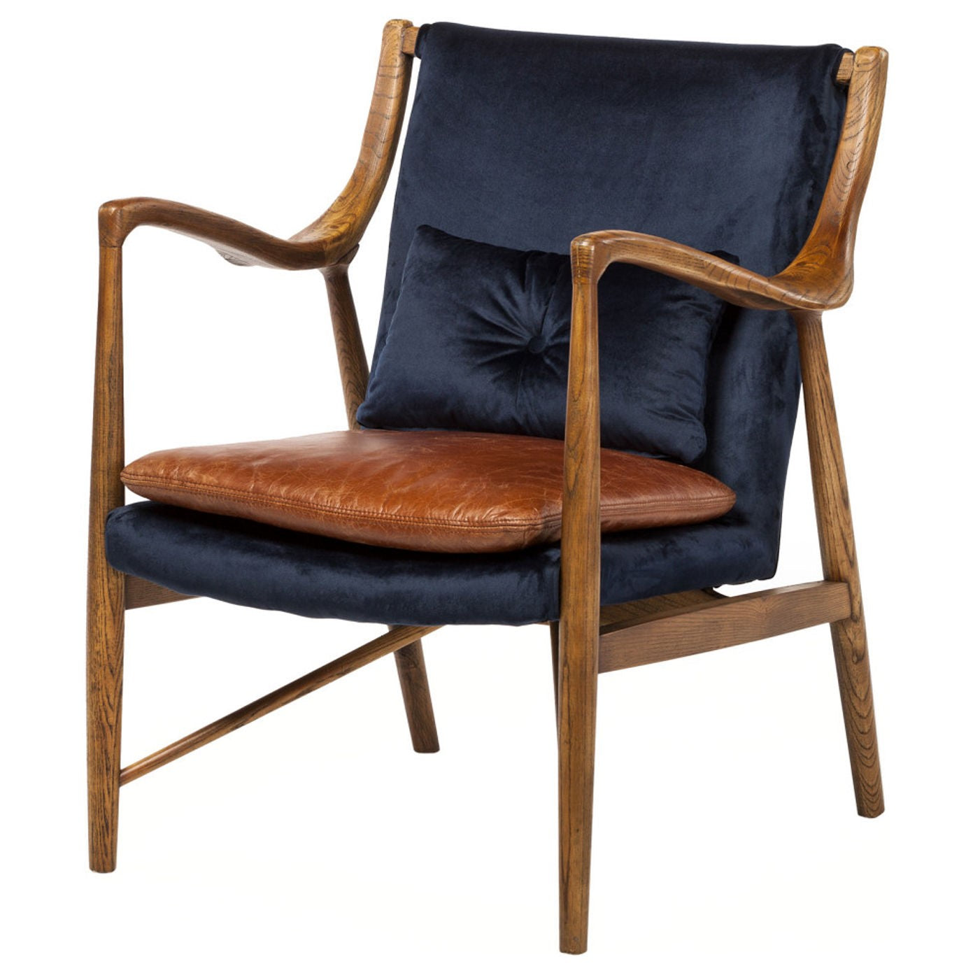 Blue Velvet & Leather Two Tone Chair Walnut Frame